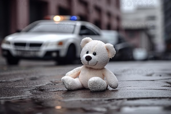 Teedy bear toy on street with police car in background. KI generiert, generiert AI generated