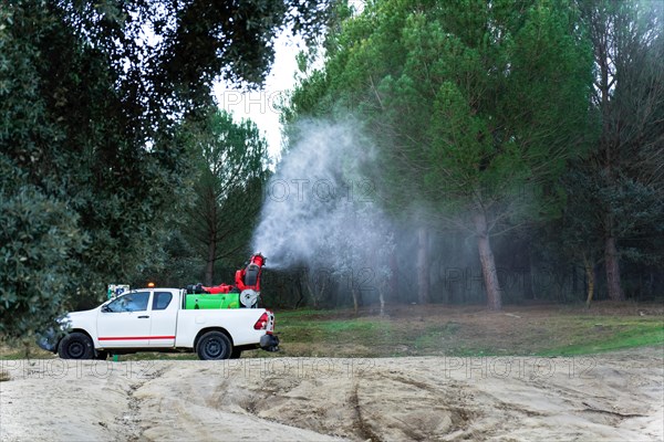 Vehicle spraying a pine grove against the caterpillar pine processionary (Thaumetopoea pityocampa)