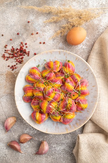 Rainbow colored dumplings with pepper, herbs, microgreen on brown concrete background and linen textile. Top view, flat lay