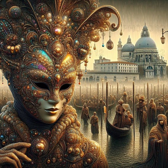 A copper-toned steampunk Venetian mask with a foggy canal scene, cathedral and landmarks in the background with misty look, ai generated, AI generated
