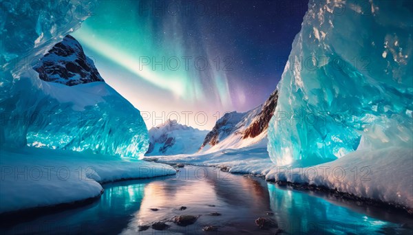 Glacial river flowing through the ice cliffs covered with snow underneath the wonderful northern lights. Generative AI art, AI generated