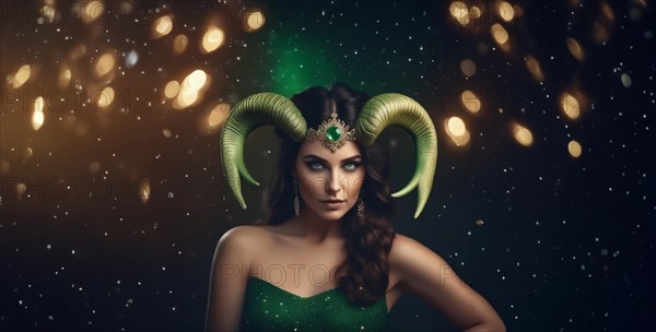 Young woman Aries according to the zodiac sign with dark hair and green eyes against the background of the starry sky. interpretation of the zodiac sign in human form. AI generated