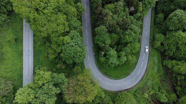 White car driving on serpentine road through green landscape, drone shot, Upper Bavaria, Bavaria, Germany, Europe