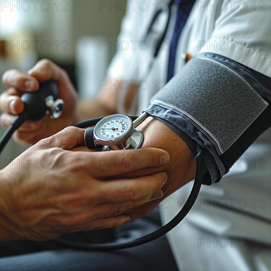 A man checks his blood pressure with a measuring device. Avoidance of bulk hypertension, scarcity, precaution, AI generated