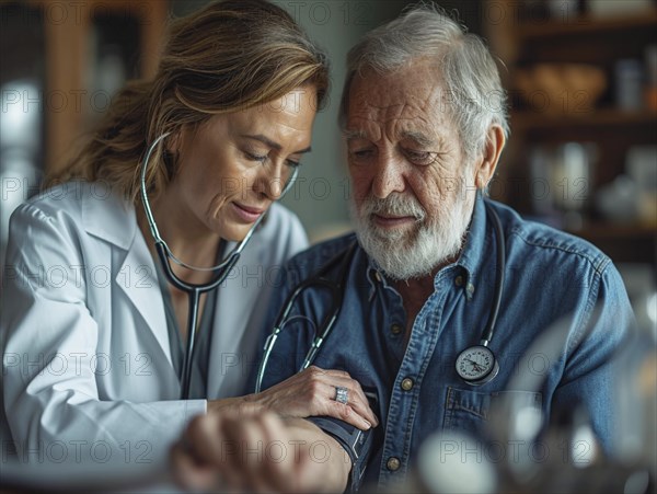 A man checks his blood pressure with a measuring device. Avoidance of bulk hypertension, scarcity, precaution, AI generated