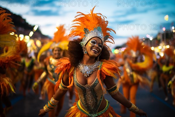 Captivating image capturing the essence of the Rio Carnival, showcasing a dancer adorned in an elaborate, vibrant costume, embodying the spirit and energy of this iconic festival, AI generated