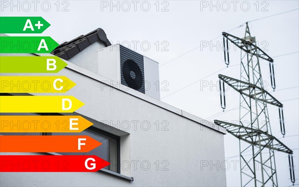 Heat pump on the roof of a detached house, graphic with energy efficiency classes for buildings according to the GEG in Duesseldorf, high-voltage power line in the background, Duesseldorf, Germany, energy efficiency, Europe