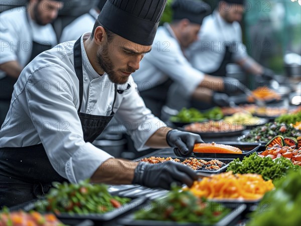 Chefs in a commercial kitchen at work, AI generated