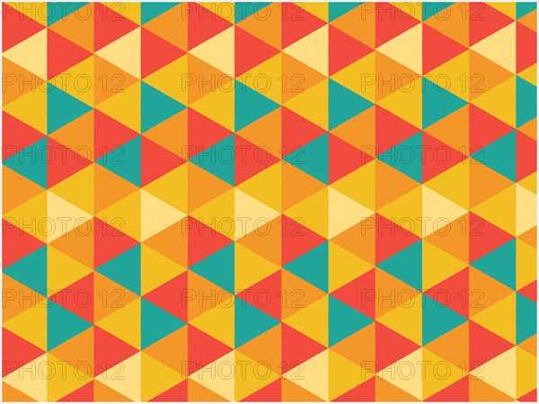 Colorful abstract geometric triangle pattern with symmetrical arrangement in teal, orange, and yellow