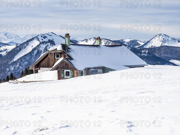 Winter atmosphere, snow-covered landscape, snow-covered alpine peaks, alpine hut on the Schafbergalm, near St. Wolfgang am Wolfgangsee, Salzkammergut, Upper Austria, Austria, Europe
