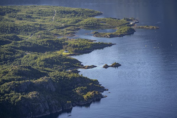 Coast with small house, Raftsund fjord, view from the top of Dronningsvarden or Stortinden, Vesteralen, Norway, Europe