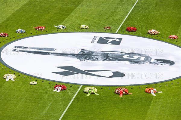 Banner with Franz Beckenbauer and wreaths of flowers, funeral service of FC Bayern Munich for Franz Beckenbauer, Allianz Arena, Froettmaning, Munich, Upper Bavaria, Bavaria