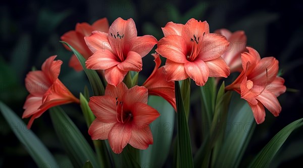 A cluster of elegant red Amaryllis flowers, Butterfly sword lily, Gladiolus papilio against a dark backdrop, AI generated