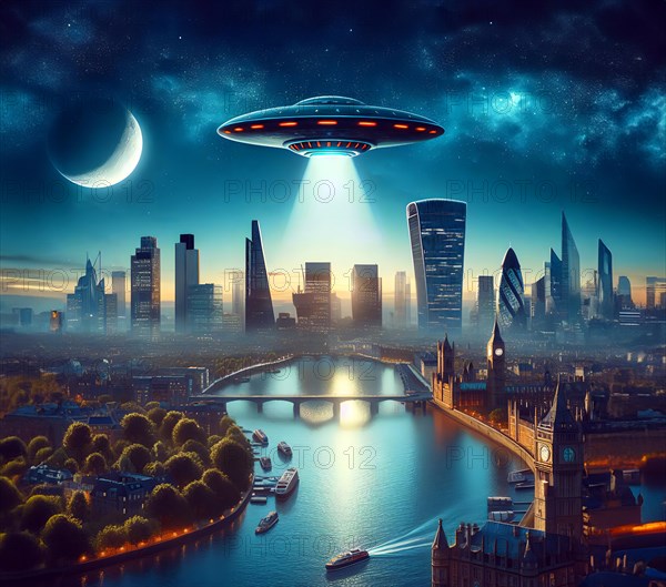 An alien UFO, a flying saucer, flies over the skyline of a metropolis on planet Earth, AI generated, AI generated