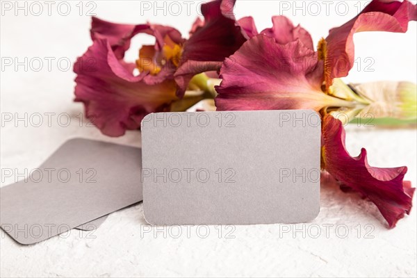 Gray business card with iris burgundy purple flowers on white concrete background. side view, copy space, mockup, template, spring, summer minimalism concept