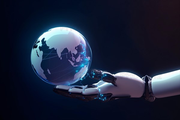 Artificial intelligence android hand holding planet earth globe. KI generiert, generiert AI generated