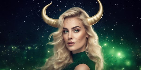Young Taurus woman with blond hair and green eyes against the background of the starry sky.interpretation of the zodiac sign in human form.AI generated
