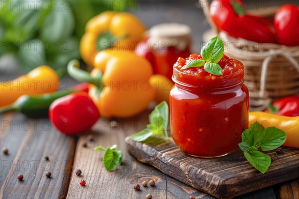 A jar of paprika jam surrounded by fresh vegetables and spices on a wooden table, AI generated, AI generated