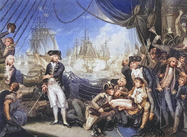 Scene on the deck of the Queen Charlotte, 1 June 1794, a 100-gun liner (three-decker) of the 1st rank of the British Navy, Historical, digitally restored reproduction from a 19th century master, Record date not stated