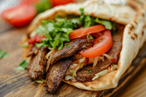 An appetising doner kebab in flatbread with tomatoes, coleslaw and parsley, served on a wooden base, KI generated, AI generated