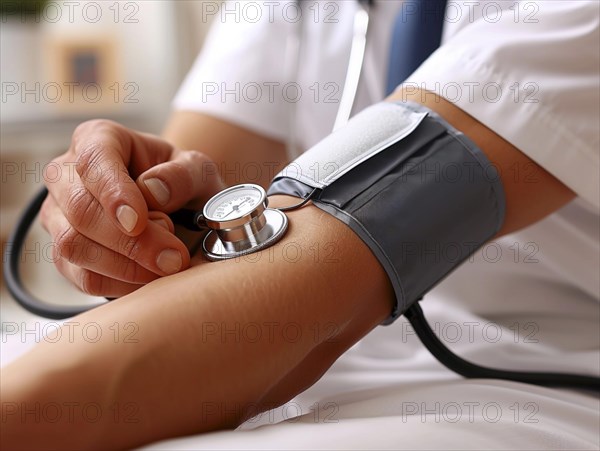 A man checks his blood pressure with a measuring device. Avoidance of bulk hypertension, scarcity, precaution, AI generated