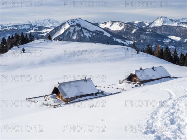 Winter atmosphere, snow-covered landscape, snow-covered alpine peaks, alpine huts on the Schafbergalm, near St. Wolfgang am Wolfgangsee, Salzkammergut, Upper Austria, Austria, Europe