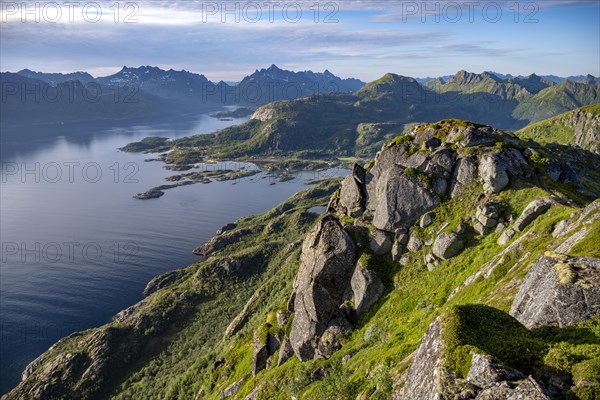 Fjord Raftsund and mountains, view from the top of Dronningsvarden or Stortinden, Vesteralen, Norway, Europe