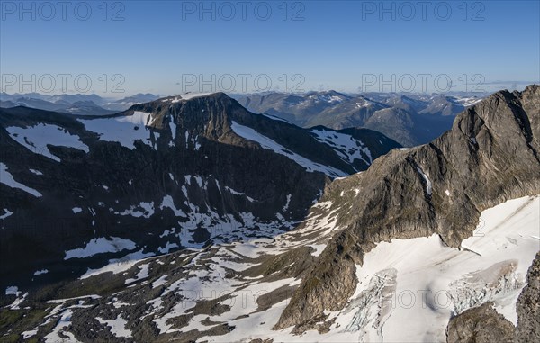 Mountain panorama, glacier remains of Skalabreen, view from the summit of Skala, Loen, Norway, Europe