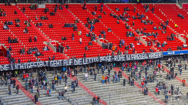 Banner in honour of Franz Beckenbauer in the south curve, funeral service of FC Bayern Munich for Franz Beckenbauer, Allianz Arena, Froettmaning, Munich, Upper Bavaria, Bavaria