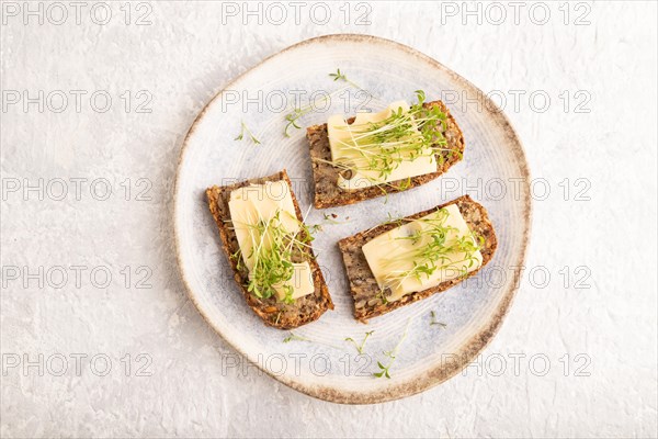 Grain bread sandwiches with cheese and watercress microgreen on gray concrete background. top view, flat lay, close up