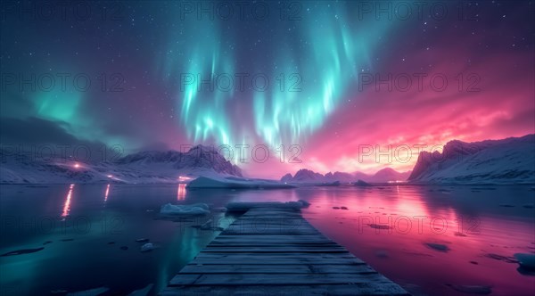 A stunning display of the aurora borealis over a snowy landscape with a wooden pier, AI generated