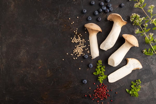 King Oyster mushrooms or Eringi (Pleurotus eryngii) on black concrete background with blueberry, herbs and spices. Top view, flat lay, copy space