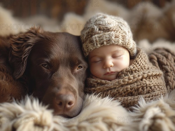 A newborn baby nestled in warm blankets, small dog next to it, ai generated, AI generated