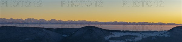 Large Alpine panorama with Bernese and French Alps with Wildstrubel, Stockhorn, Dent Blanche and Mont Blanc, first Jura chain in front, drone shot, Brunnersberg, Solothurn, Switzerland, Europe