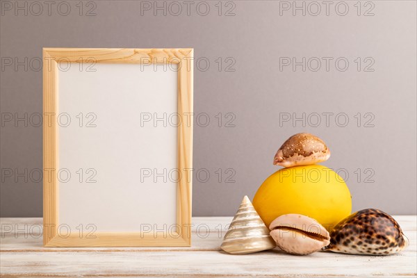 Wooden frame with melon, seashells on gray pastel background. Side view, copy space. Tropical, healthy food, vacation, holidays concept