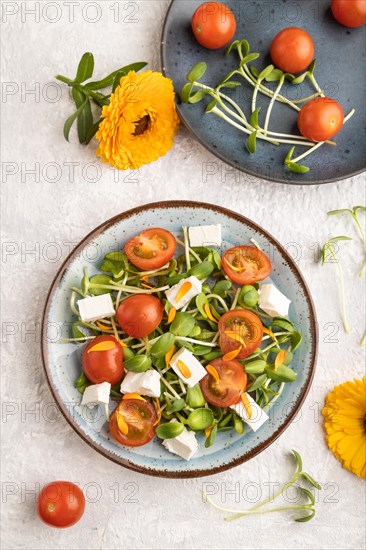 Vegetarian vegetables salad of tomatoes, marigold petals, microgreen sprouts, feta cheese on gray concrete background. Top view, flat lay, close up