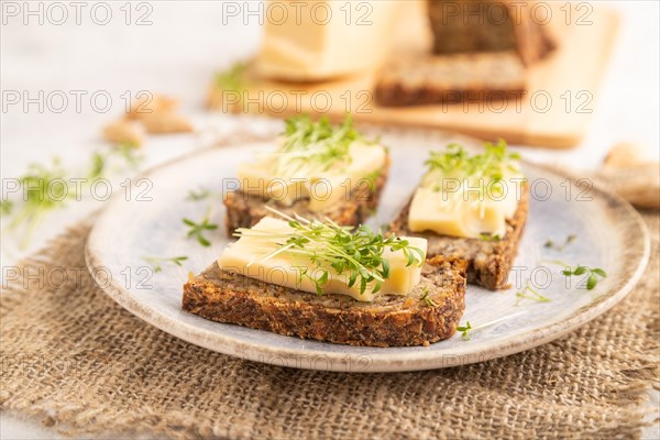 Grain bread sandwiches with cheese and watercress microgreen on gray concrete background and linen textile. side view, close up, selective focus