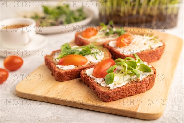 Red beet bread sandwiches with cream cheese, tomatoes and microgreen on gray concrete background. side view, close up, selective focus