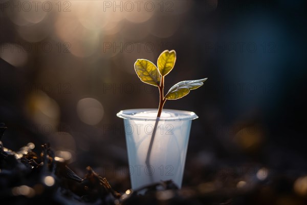 Small plant seedling in plastic cup. KI generiert, generiert AI generated