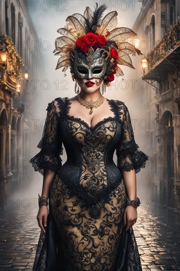 Portrait vibrant curvy woman wear carnival mask, antique lace costume in misty venetian cityscape after sunset in evening, ai generated, AI generated
