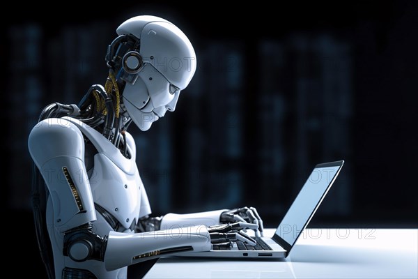Artificial intelligence android robot writing text on laptop. KI generiert, generiert AI generated