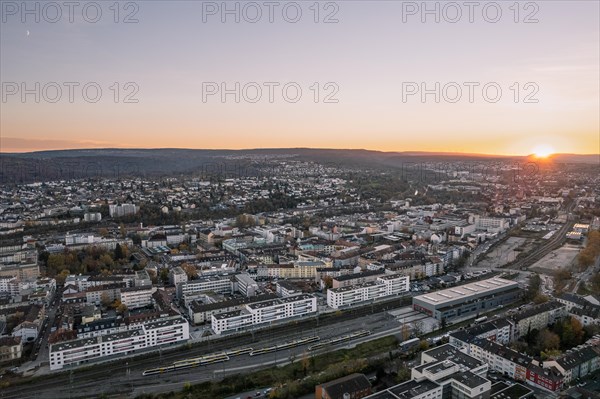 Urban environment with streets and buildings, taken from the air at sunset, Pforzheim, Germany, Europe