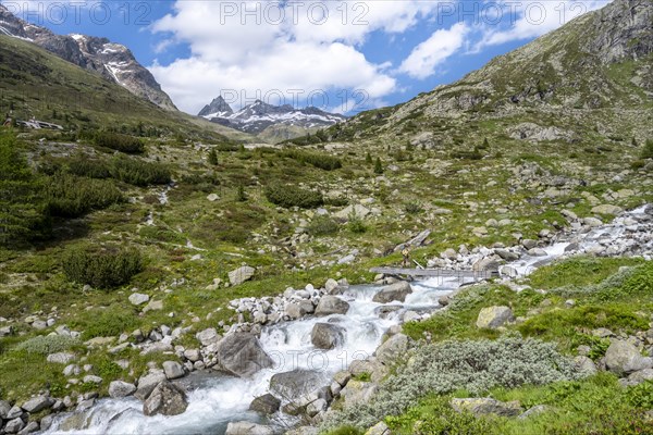 Mountaineer on a bridge over a mountain stream, Hornkeesbach, in front of a picturesque mountain landscape, rocky mountain peaks with snow, Berliner Hoehenweg, Zillertal Alps, Tyrol, Austria, Europe