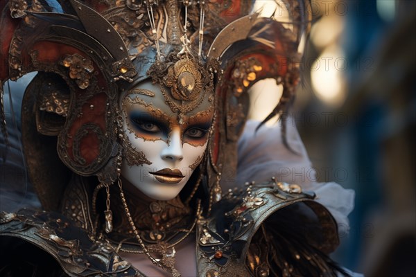 A person adorned in a richly detailed and colorful carnival costume, complete with an elaborate mask, participates in the iconic Venice Carnival, AI generated