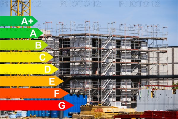 New development area of a residential neighbourhood, graphic with energy efficiency classes for buildings according to the GEG, Duesseldorf, Germany, energy efficiency, Europe