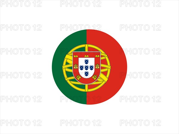 Circular design inspired by the flag of Portugal with green and red sections and coat of arms