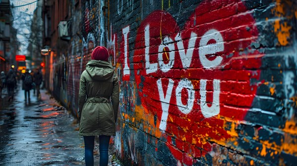 I Love You with white characters was painted on a red heart with blue background on a blue house wall made of ziggurats, in front of it a young woman with anorak and wine-red knitted hat, AI generated, graffiti