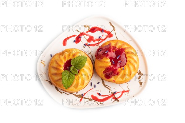 Semolina cheesecake with strawberry jam, lavender isolated on white background. top view, flat lay, close up