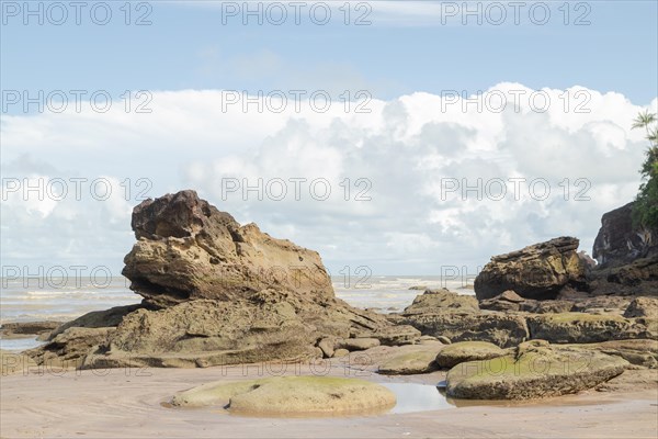 Cliff in Bako national park, sunny day, blue sky and sea. Vacation, travel, tropics concept, no people, Malaysia, Kuching, Asia