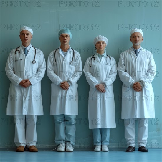 A team of four healthcare professionals standing seriously against a blue wall, AI generated